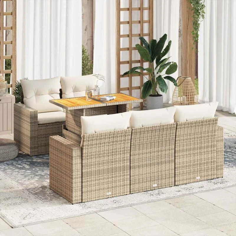 vidaXL 6-delssofasæt med hynder, polyrattan, beige