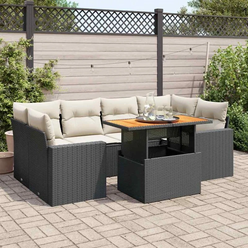 vidaXL 7-delssofasæt med hynder i polyrattan, sort
