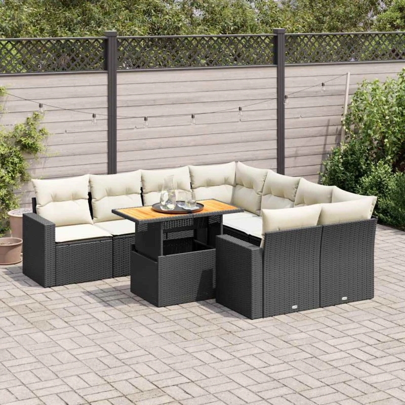 vidaXL 9-deles havesofasæt med hynder i polyrattan, sort