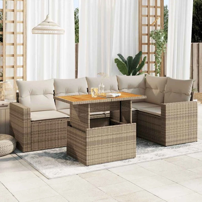 vidaXL 6-delssofasæt med hynder i polyrattan, beige