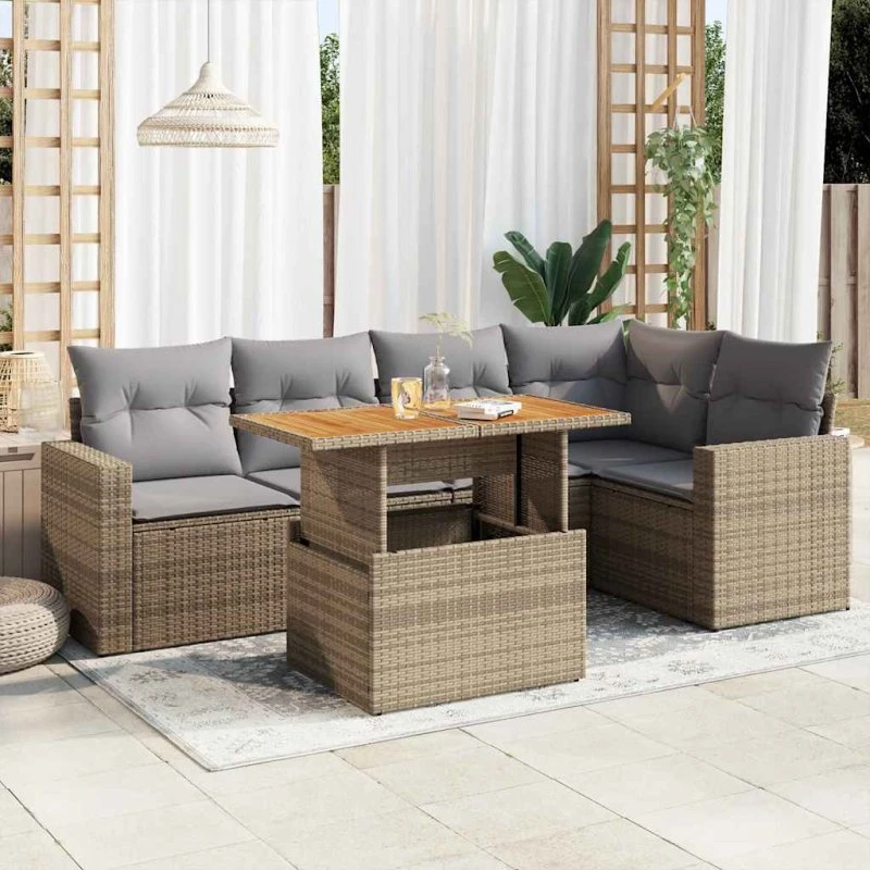 vidaXL 6-delssofasæt med hynder i polyrattan, beige