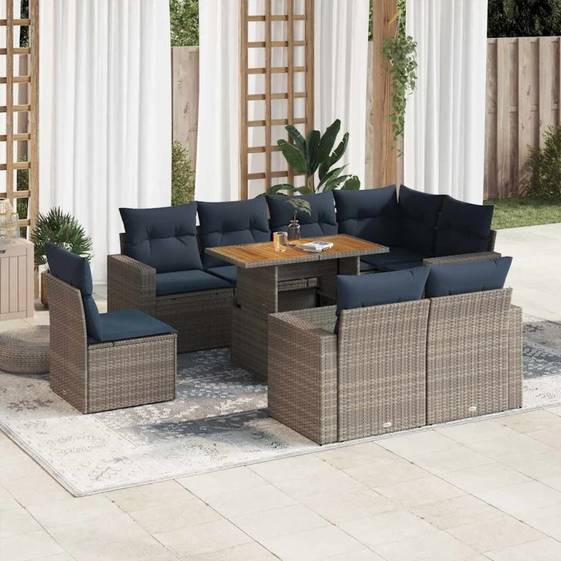 vidaXL 9-deligt havesofasæt med hynder i polyrattan grå