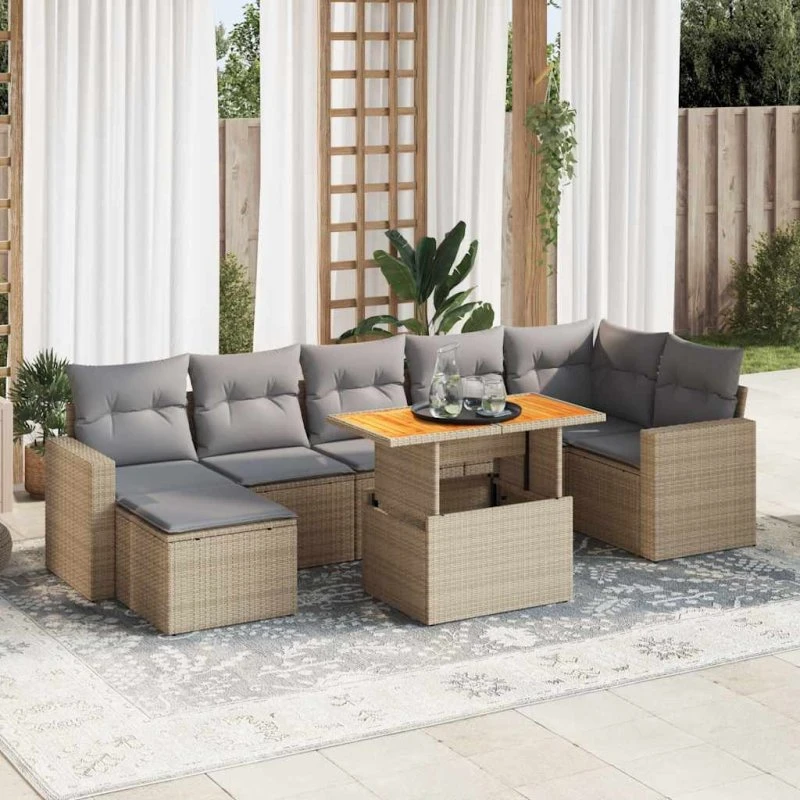 vidaXL 8-delssofasæt med hynder, polyrattan, beige