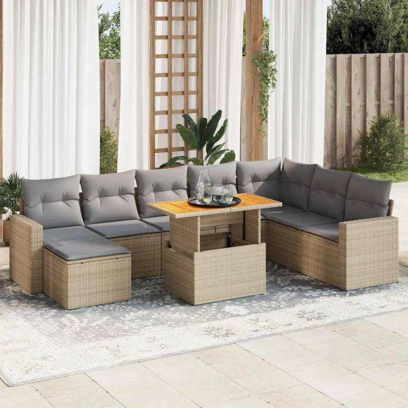 vidaXL 9-deligt havemøbelssæt med hynder, polyrattan beige