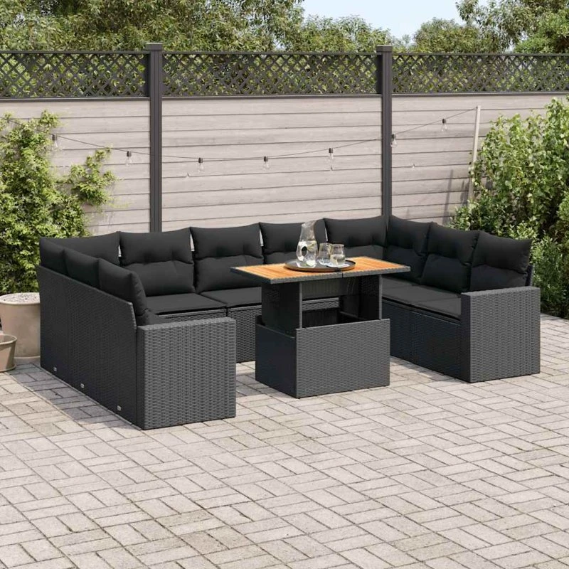 vidaXL 10-delssofasæt med hynder, polyrattan, sort