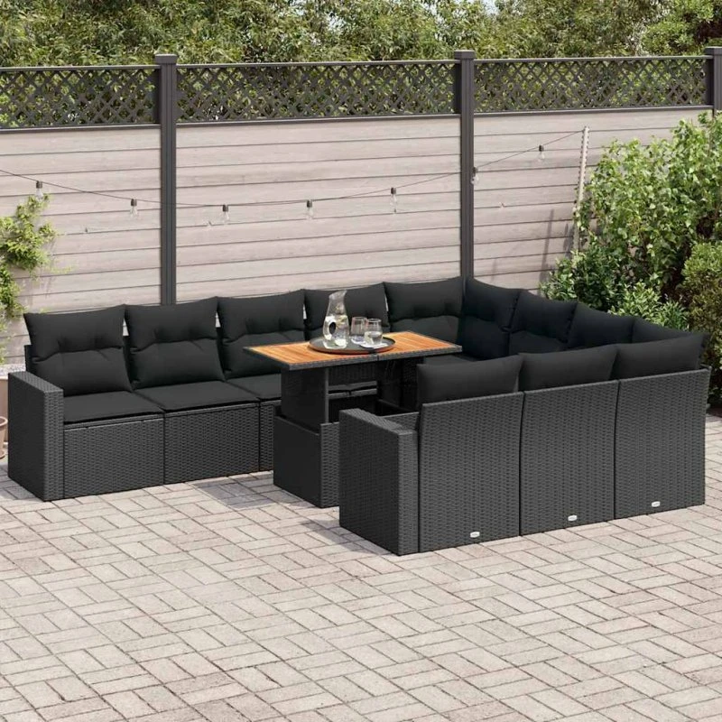 vidaXL 11-delssofasæt med hynder, polyrattan, sort