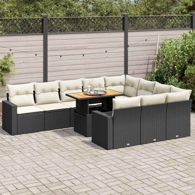 vidaXL 11-delssofasæt med hynder i polyrattan, sort