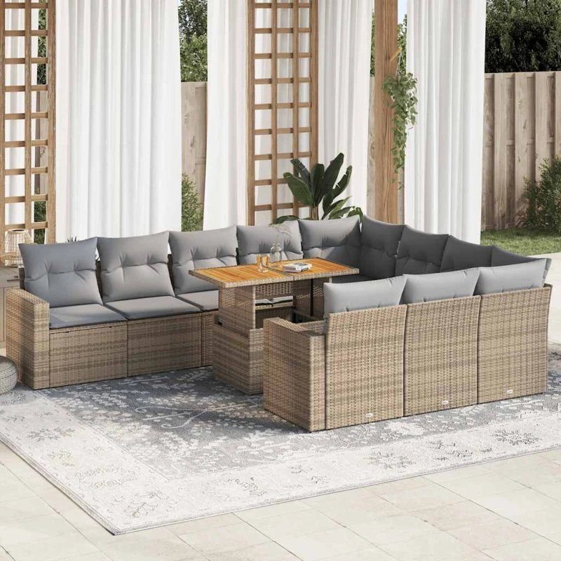 vidaXL 11-delssofasæt med hynder, polyrattan beige