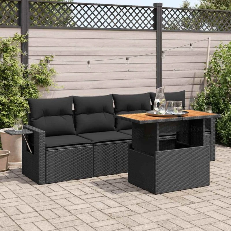 vidaXL 5-delssofasæt med hynder, polyrattan sort