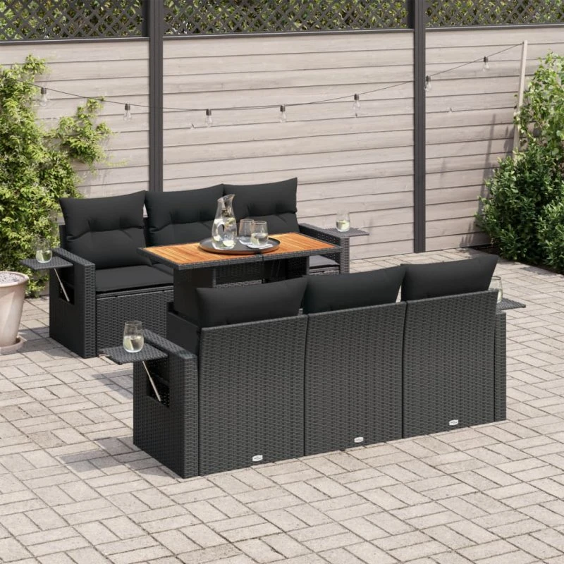 vidaXL 7-delssofasæt med hynder i polyrattan, sort
