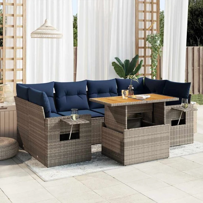 vidaXL 7-delsofasæt med hynder i polyrattan grå