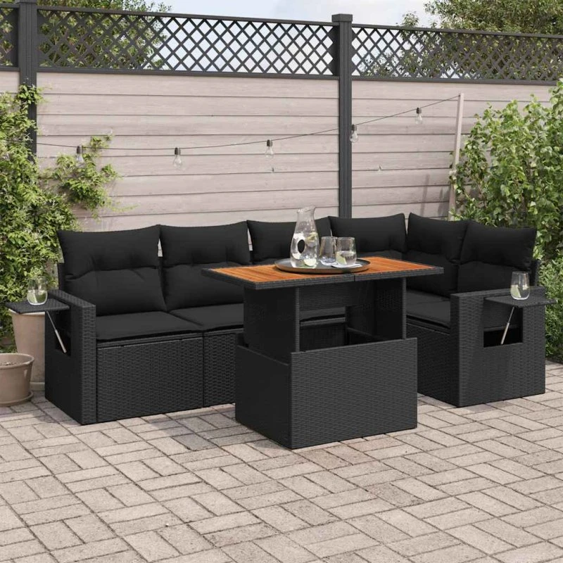 vidaXL 6-deligt sofasæt med hynder, polyrattan sort