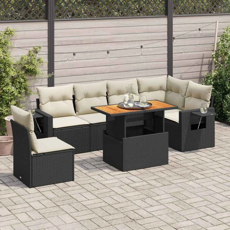 vidaXL 7-delssofasæt med hynder i polyrattan, sort