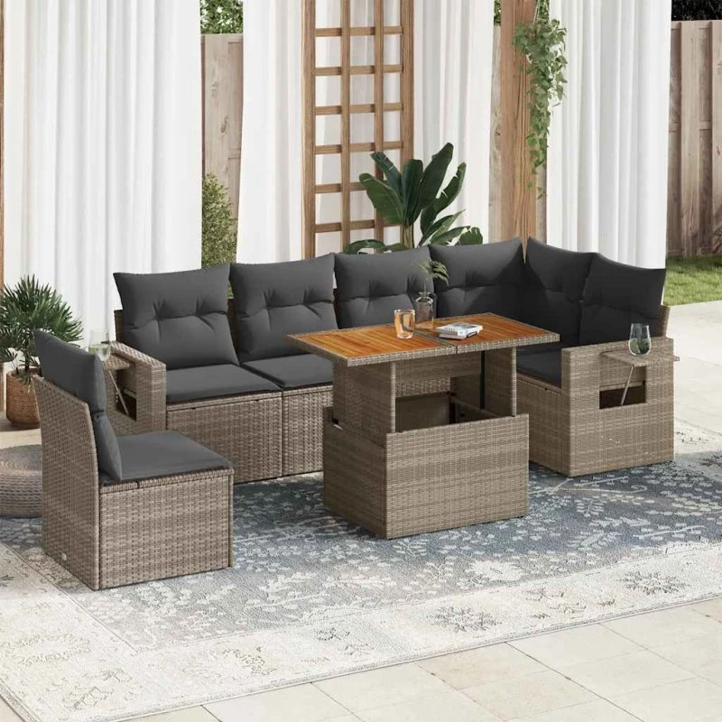 vidaXL 7-delsofasæt med hynder i polyrattan grå