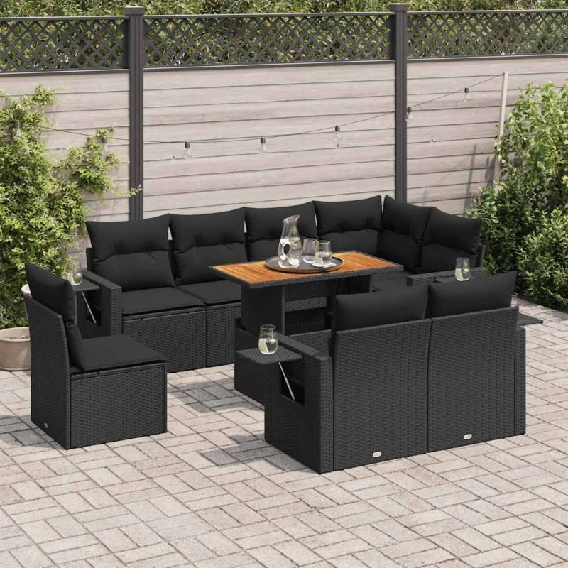 vidaXL 9-deles havemøbelssæt med hynder i polyrattan, sort