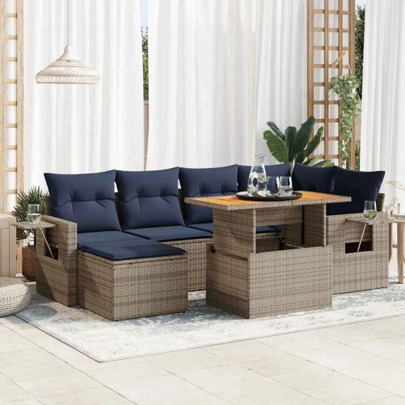 vidaXL 7-delsofasæt med hynder i polyrattan grå