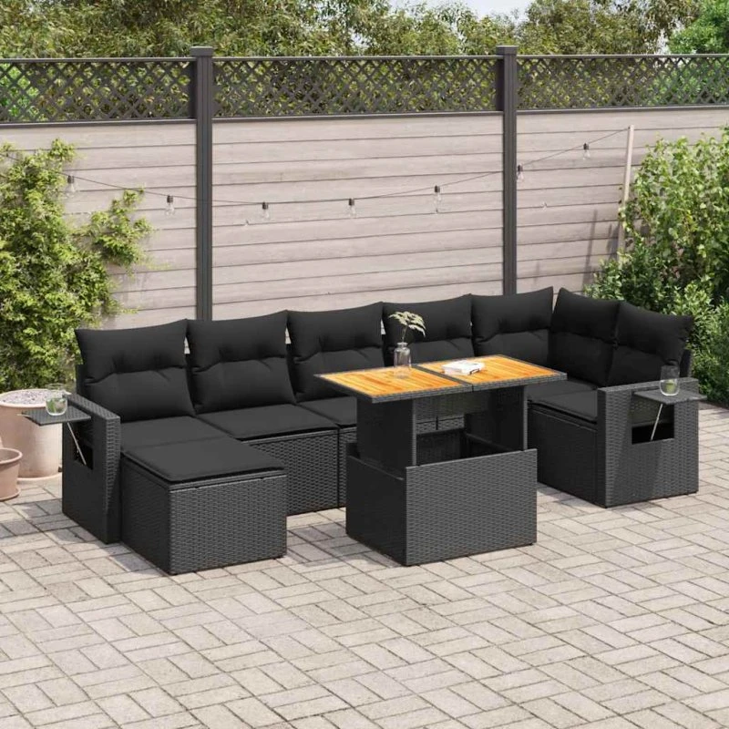 vidaXL 8-delers havesofasæt med hynder i polyrattan, sort