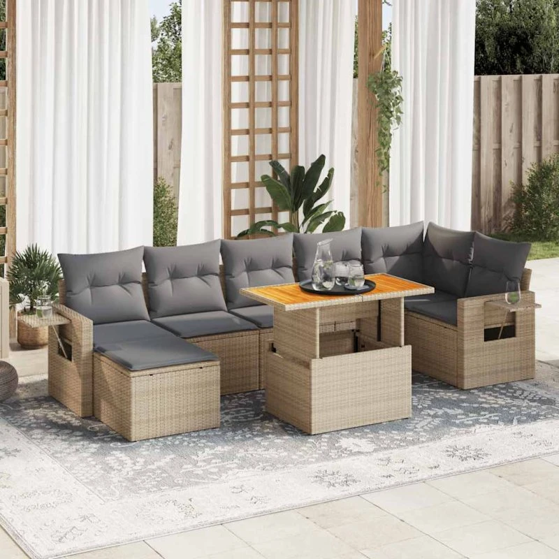 vidaXL 8-delssofasæt med hynder, polyrattan, beige