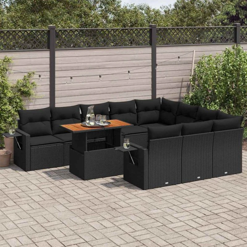 vidaXL 11-deles polyrattan havesofasæt med hynder, sort