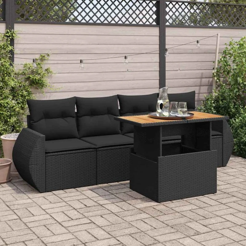 vidaXL 5-deles sofasæt med hynder i polyrattan, sort