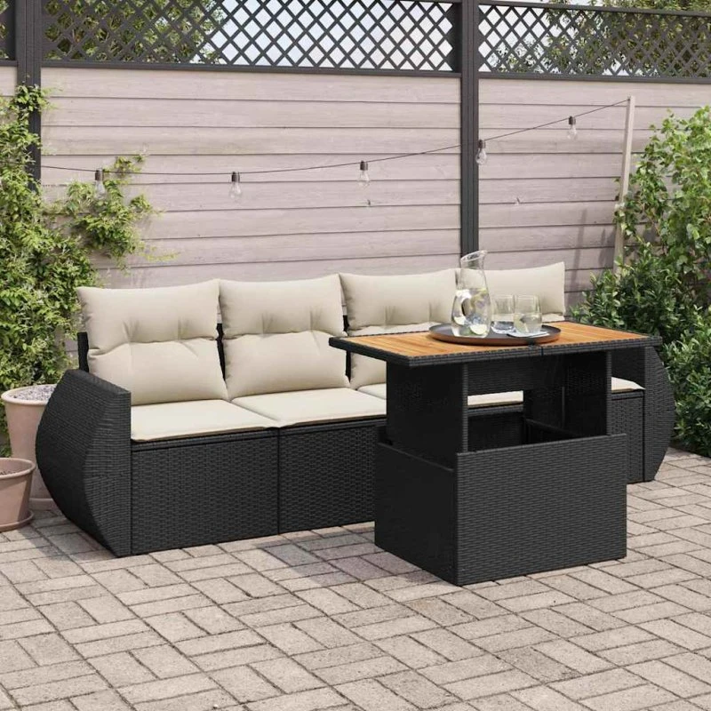 vidaXL 5-deles sofasæt med hynder i polyrattan, sort