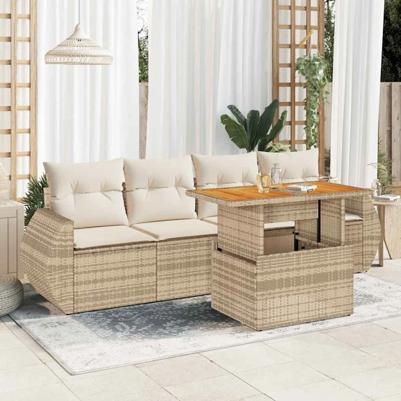 vidaXL 5-deles havemøbelssæt med hynder i polyrattan, beige