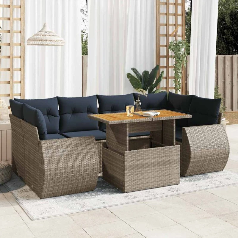 vidaXL 7-delsofasæt med hynder i polyrattan grå