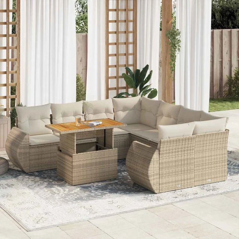 vidaXL 9-deles havesofasæt med hynder i polyrattan beige
