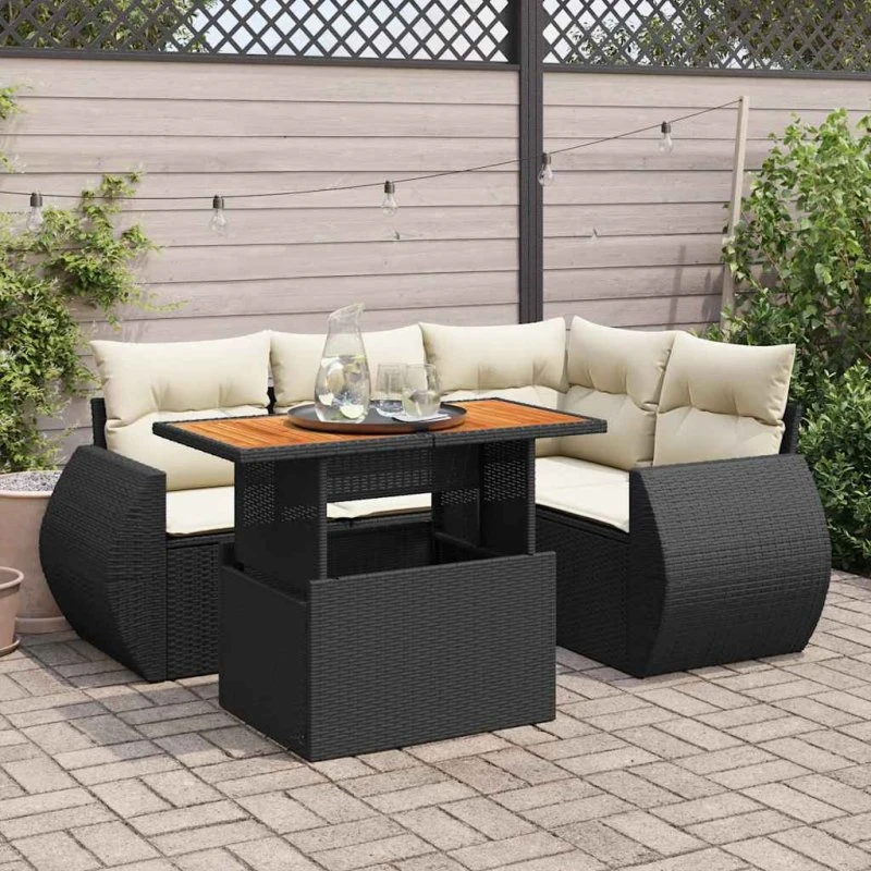 vidaXL 5-delssofasæt med hynder, polyrattan sort