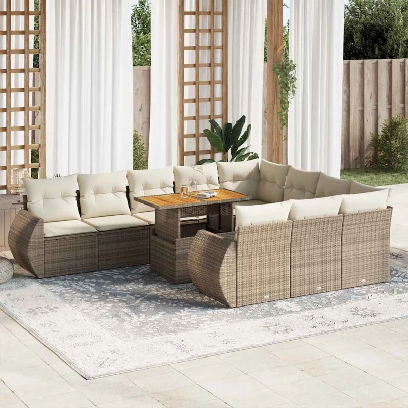 vidaXL 11-delssofasæt med hynder, polyrattan beige