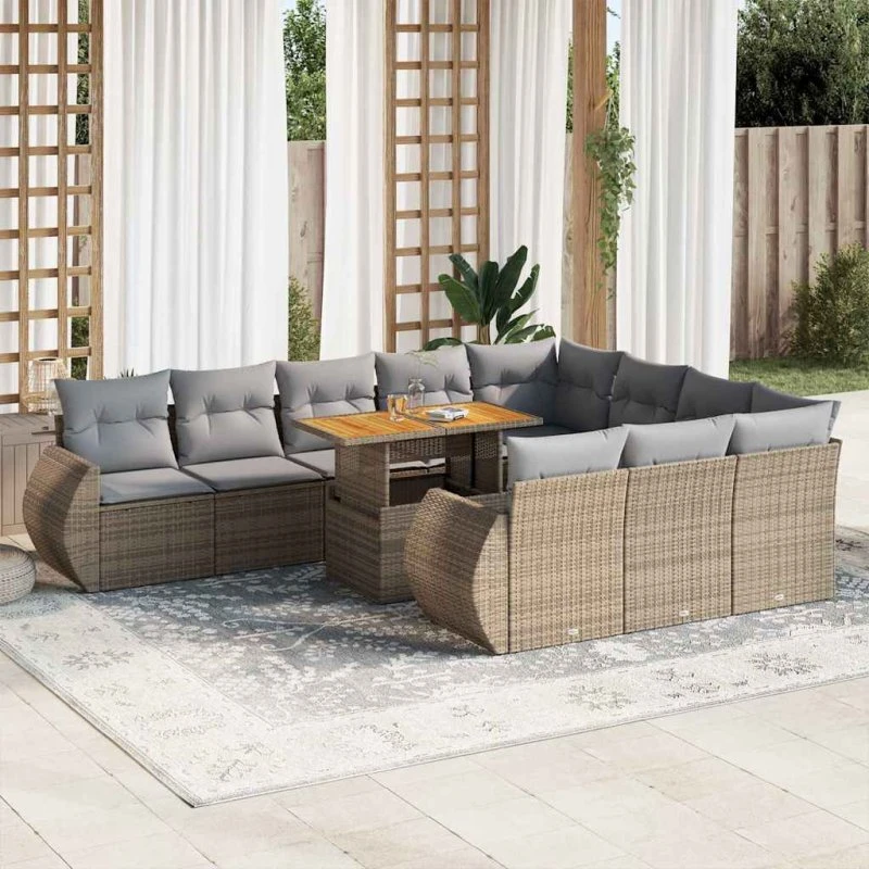 vidaXL 11-delssofasæt med hynder, polyrattan, beige