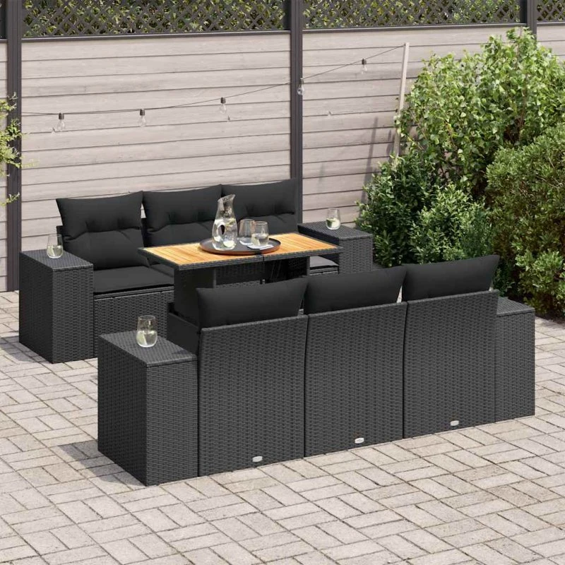 vidaXL 7-deles havesofasæt med hynder, polyrattan, sort