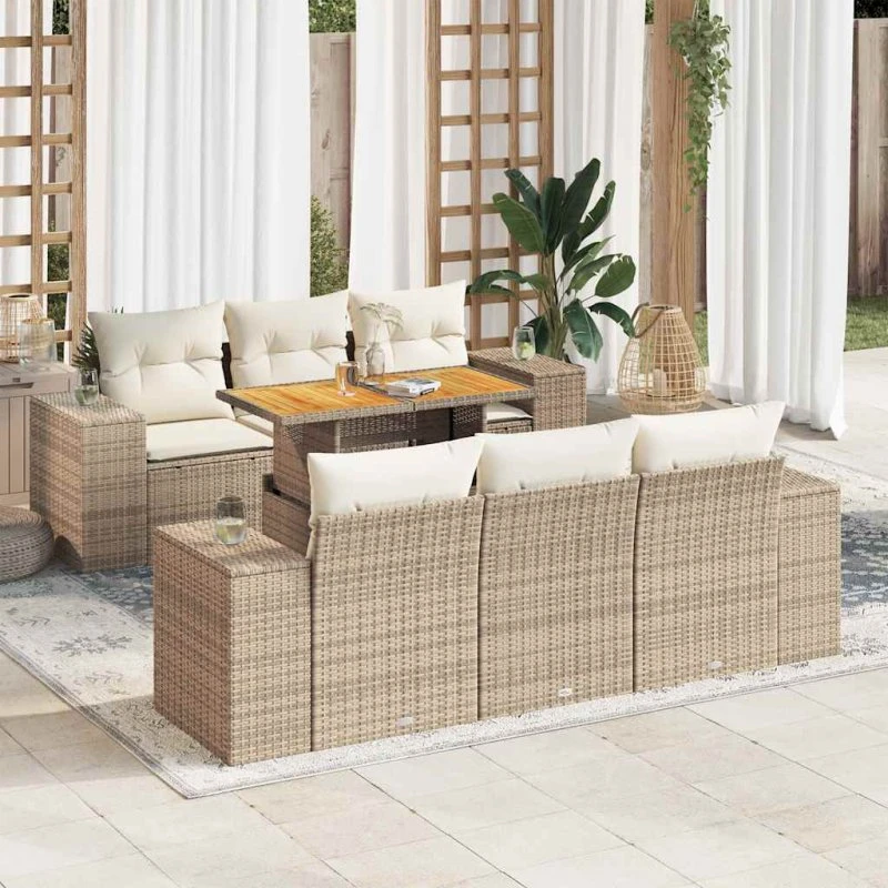 vidaXL 7-deles havesofasæt med hynder i polyrattan, beige