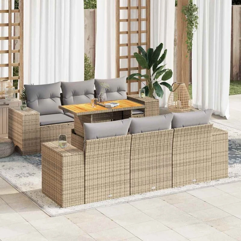 vidaXL 7-deles havesofasæt med hynder i polyrattan, beige