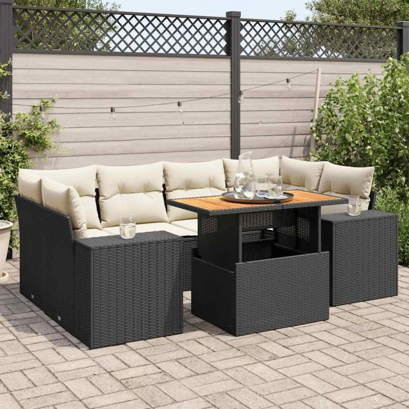 vidaXL 7-delssofasæt med hynder i polyrattan sort