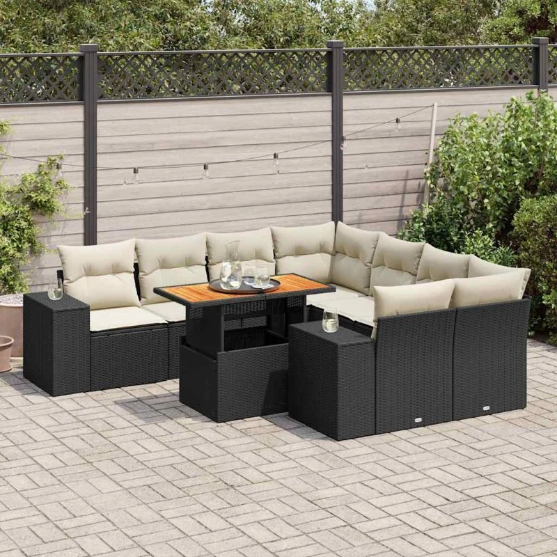 vidaXL 9-deles havesofasæt med hynder i polyrattan, sort