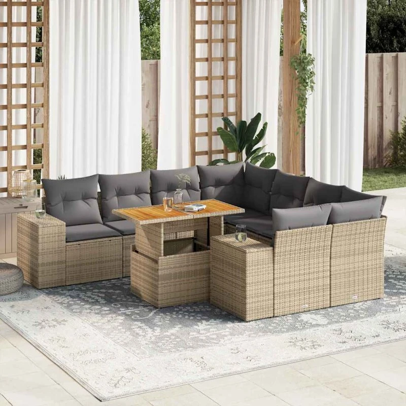 vidaXL 9-deles havesofasæt med hynder i polyrattan beige