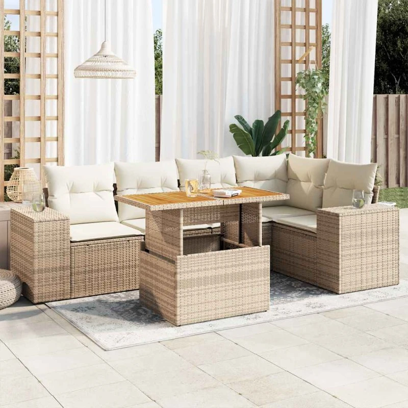 vidaXL 6-deles havesofasæt med hynder i polyrattan beige