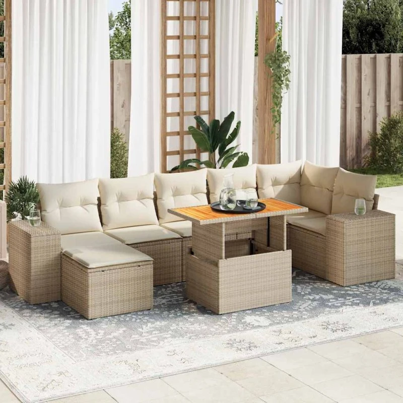 vidaXL 8-delsofasæt med polyrattan, beige med cremefarvede hynder