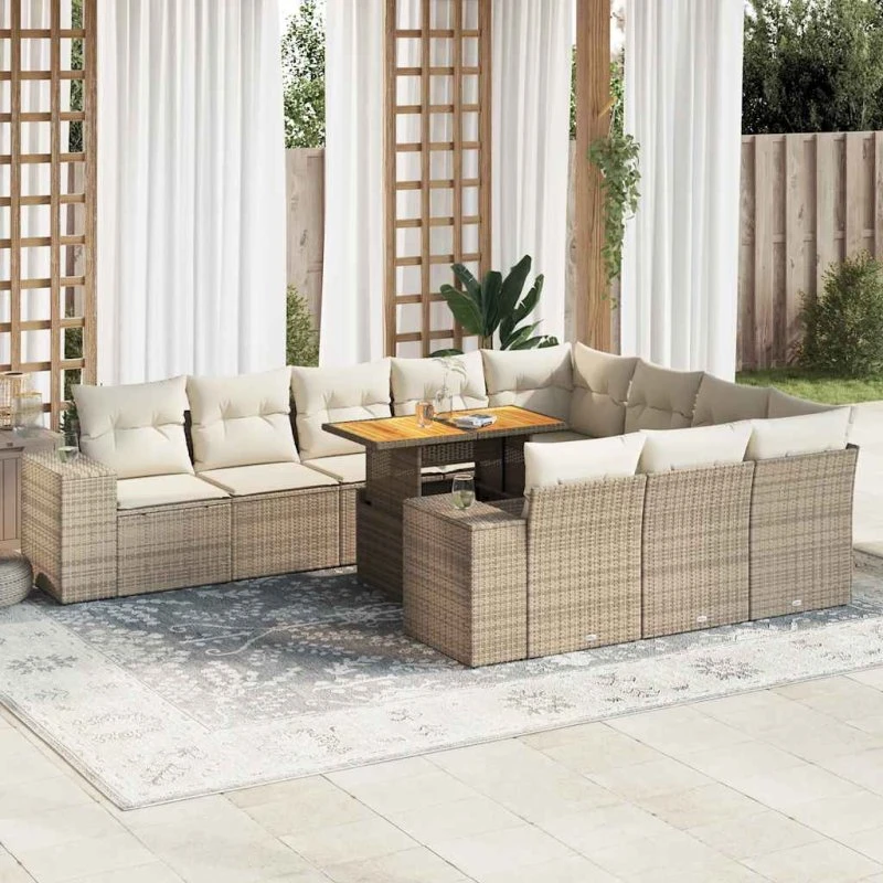 vidaXL 10-del. havesofasæt med hynder i polyrattan, beige
