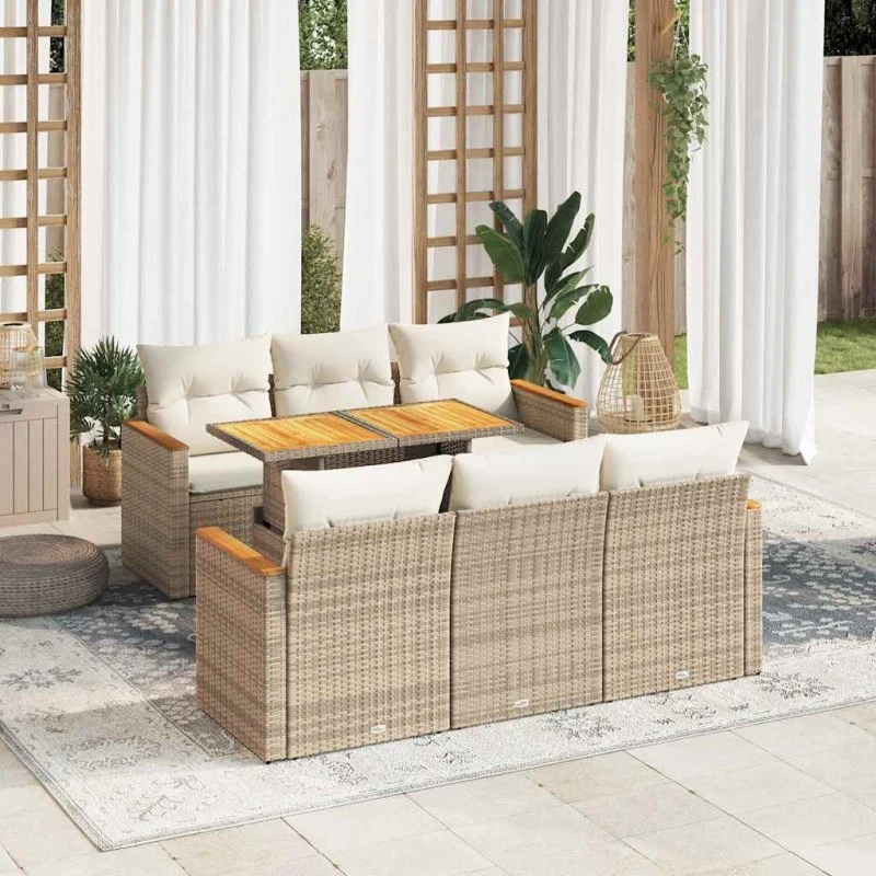 vidaXL 7-delssofasæt med hynder, polyrattan akacietræ, beige