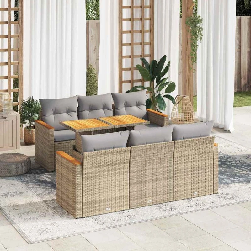 vidaXL 7-delssofasæt med hynder, polyrattan akacietræ, beige