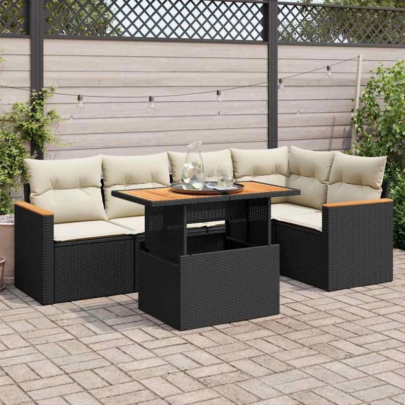 vidaXL 6-deles havesofasæt med hynder, polyrattan sort