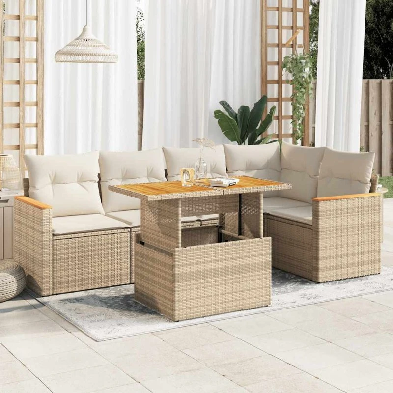 vidaXL 6-deles havesofasæt med hynder i polyrattan beige