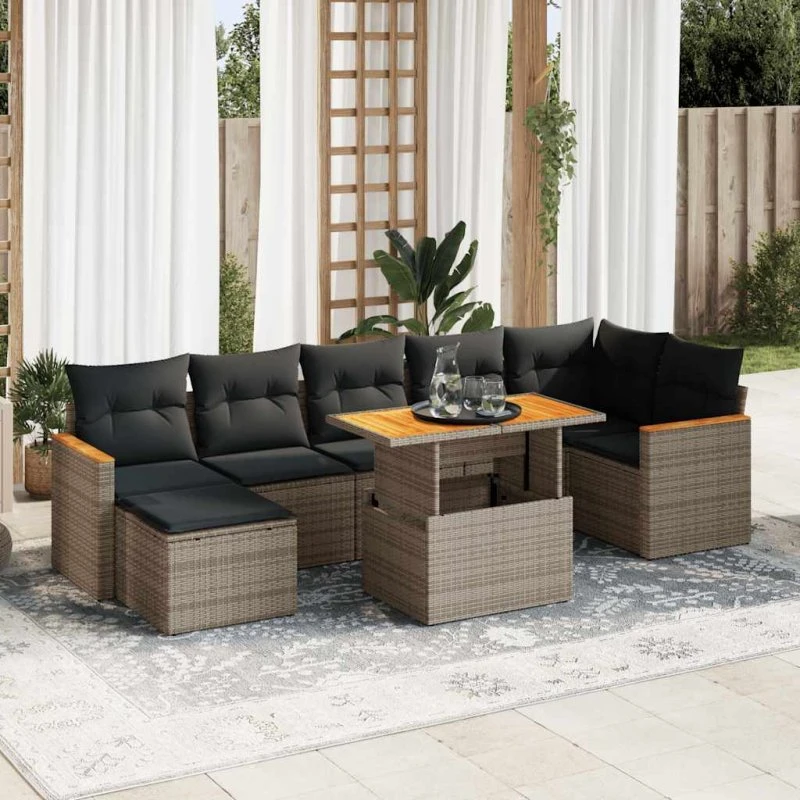 vidaXL 8-delssofasæt med hynder, polyrattan grå, akacietræ
