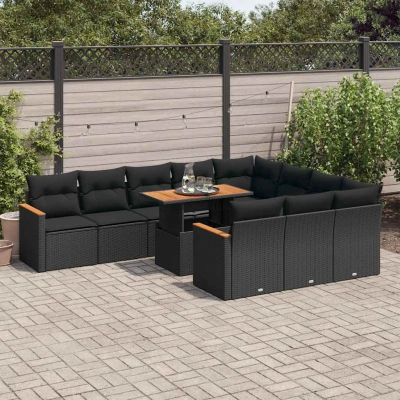 vidaXL 11-deles havemøbelsæt med polyrattan og akacietræ, sort