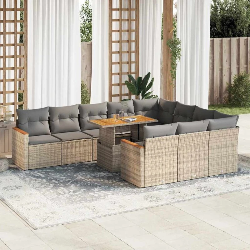 vidaXL 11-deles havemøbelset med polyrattan og akacietræ, beige