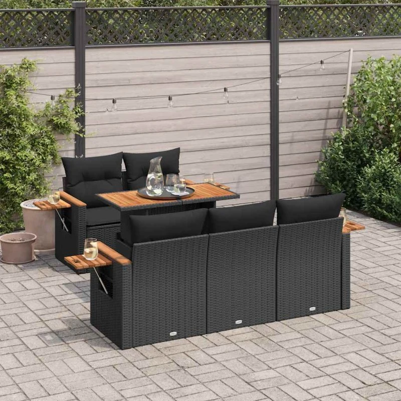 vidaXL 6-deles havesofasæt med hynder i polyrattan og akacietræ, sort