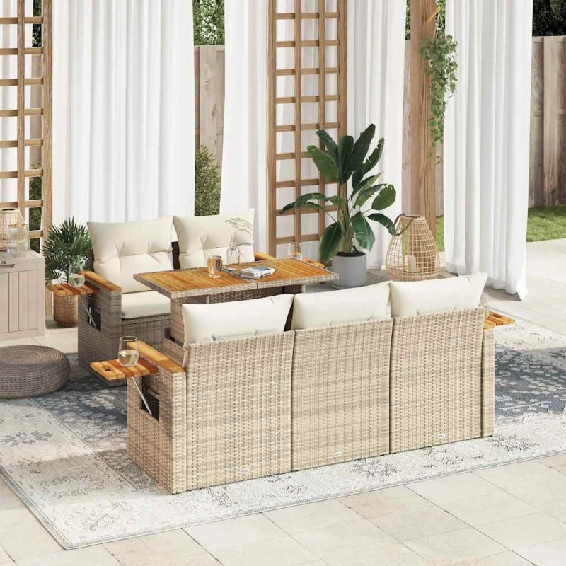 vidaXL 6-deles havesofasæt med hynder i polyrattan og akacietræ, beige