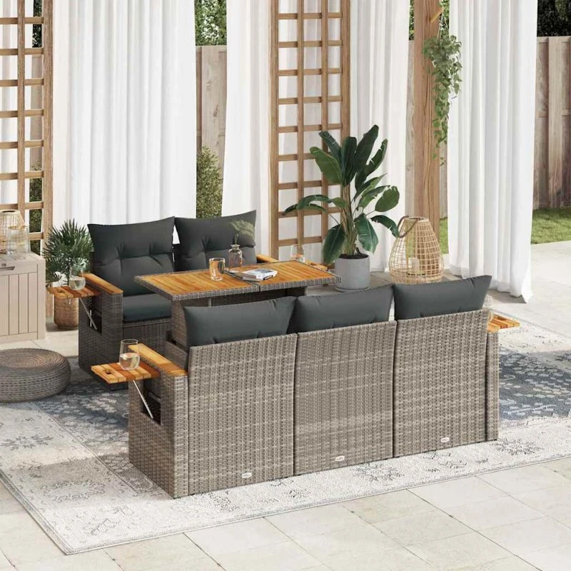 vidaXL 6-deles havesofasæt med hynder i polyrattan og akacietræ, grå
